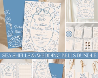 Seashells and Wedding Bells Bachelorette Bundle, Editable Bridal Shower Games & Decor Canva, One Shell of a Bride Beach Party Template Set