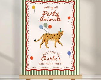 Calling All Party Animals Welcome Sign Template, Jungle Safari Birthday Sign, Zoo Party Welcome Sign, Kids Birthday Decor Canva Template
