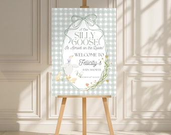 Modello di cartello di benvenuto per baby shower "Silly Goose", cartello stampabile per baby shower "Mama Goose", baby shower neutro, motivo a quadretti gialli modificabile