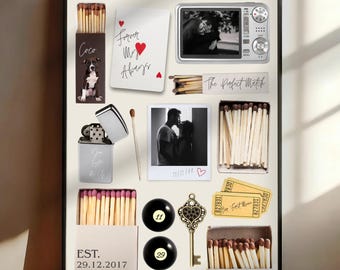 Può includere: Un collage incorniciato con vari elementi. Include una foto di una coppia, una fotocamera digitale, scatole di fiammiferi, un accendino, una chiave, palle da biliardo e una carta da gioco con il testo "Forever Mr Always". La data "29.12.2017" è visibile.