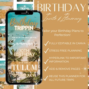May include: A digital birthday invitation and itinerary displayed on a smartphone screen. The design features a tropical beach scene with palm trees and the text "Birthday Trippin" and "Tulum". Additional details include the date and location.