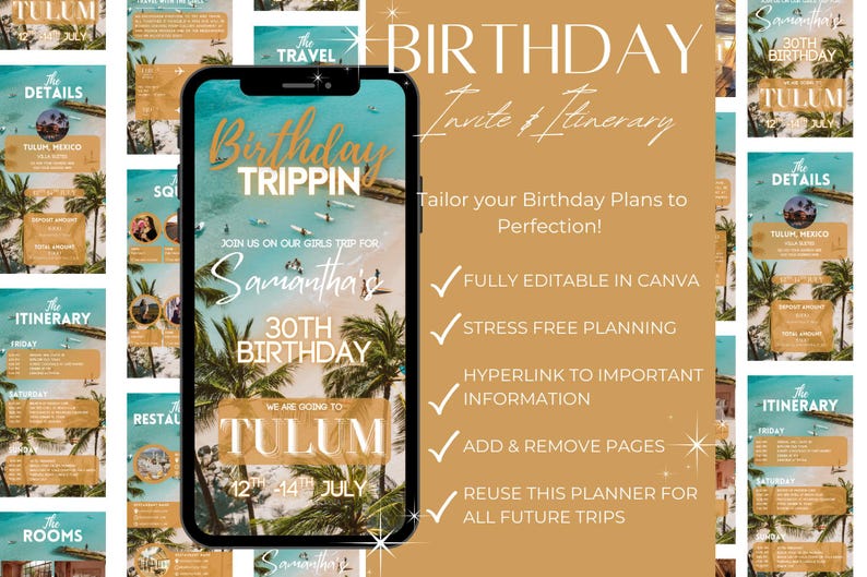 May include: A digital birthday invitation and itinerary displayed on a smartphone screen. The design features a tropical beach scene with palm trees and the text "Birthday Trippin" and "Tulum". Additional details include the date and location.