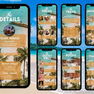 May include: A series of mobile phone screens displaying travel information for Tulum, Mexico. The main screen shows details, including a villa suite, dates, and amounts. Other screens highlight the squad, travel, restaurants, outfit vibes, rooms, and itinerary.