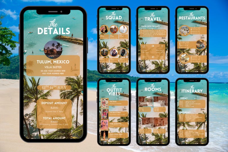 May include: A series of mobile phone screens displaying travel information for Tulum, Mexico. The main screen shows details, including a villa suite, dates, and amounts. Other screens highlight the squad, travel, restaurants, outfit vibes, rooms, and itinerary.