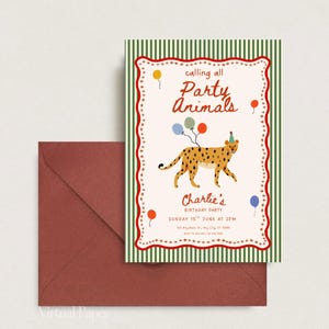 Calling all party animals birthday invitation template featuring a playful jungle theme with illustrated cheetah wearing a party hat and holding balloons, surrounded by colourful balloon details, red scalloped border and green striped background, perfect for kids safari birthday party invite, editable Canva template