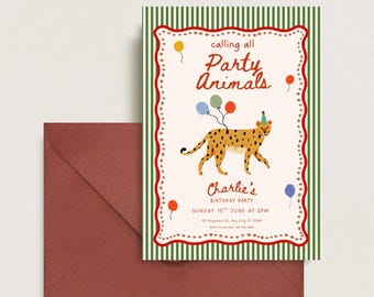 Plantilla de invitación "Llamando a todos los animales de fiesta", invitación de guepardo, invitación de cumpleaños de la jungla, invitación de animales de fiesta, invitación de cumpleaños de animales de safari