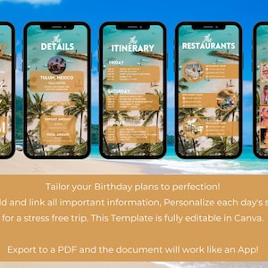 May include: Five smartphones displaying a birthday trip itinerary template. The screens show details, itinerary, restaurants, and outfit ideas for a Tulum, Mexico trip. The template is fully editable in Canva and exports to a PDF.