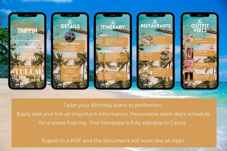 May include: Five smartphones displaying a birthday trip itinerary template. The screens show details, itinerary, restaurants, and outfit ideas for a Tulum, Mexico trip. The template is fully editable in Canva and exports to a PDF.
