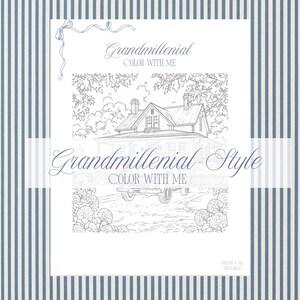 Op de afbeelding: Een kleurboek getiteld "Grandmillennial Color With Me" met een illustratie van een huis en een aanhanger. De omslag heeft een witte achtergrond met blauwe verticale strepen en tekst in een scriptlettertype.