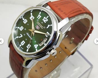 Vintage Seiko Automatic Watch Men – Green Dial 21 Jewels Refurbished Wristwatch