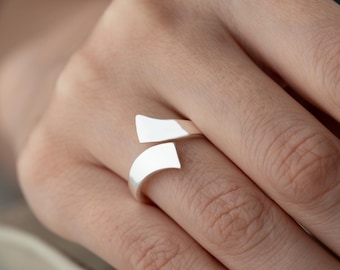 925 Sterling Silver Open Ring, Geometric Wide Band, Adjustable Modern Statement Jewelry