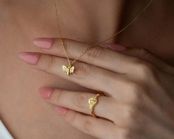 Sterling Silver Bee Necklace and Signet Ring Set, Gold Plated Nature Jewelry