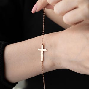 Personalized Cross Name Bracelet with Birthstone Custom Gold Religious Jewelry Baptism Christening First Communion Gift for Girls and Women