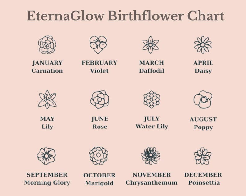 May include: A light pink chart titled "EternaGlow Birthflower Chart" with twelve floral illustrations, each representing a month. The months are listed with their corresponding birth flowers, including Carnation, Violet, Daffodil, Daisy, Lily, Rose, Water Lily, Poppy, Morning Glory, Marigold, Chrysanthemum, and Poinsettia.