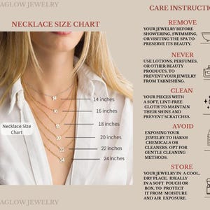 May include: A necklace size chart showing a woman wearing several gold necklaces. The chart displays necklace lengths from 35.56 cm to 60.96 cm. Care instructions are also provided, detailing cleaning and storage.