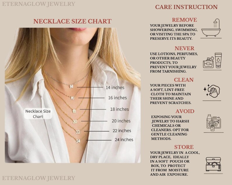 May include: A necklace size chart showing a woman wearing several gold necklaces. The chart displays necklace lengths from 35.56 cm to 60.96 cm. Care instructions are also provided, detailing cleaning and storage.