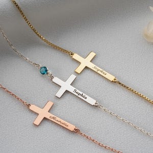 Personalized Cross Name Bracelet with Birthstone Custom Gold Religious Jewelry Baptism Christening First Communion Gift for Girls and Women