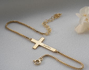 Personalized Engraved Cross Bracelet, Custom Birthstone Charm, Sterling Silver Religious Jewelry