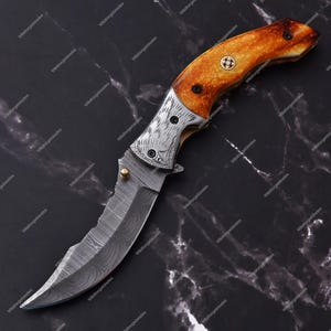 Custom Damascus steel Liner Lock Folding Knife With Camel bone Handle-Handmade Pocket Knife For camping, Anniversary gift,gift for him