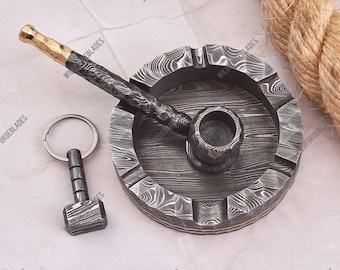 Handmade Damascus steel Ashtray & Pipe Set, Unique Cigar and Tobacco Accessory, Ash Collector Accessories | Rare Find Gift, Gift for him