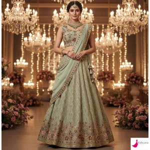 May include: A woman wearing a sage green lehenga choli, a traditional Indian outfit. The ensemble features intricate embroidery and a matching dupatta. The background includes floral arrangements and chandeliers, suggesting a festive occasion.