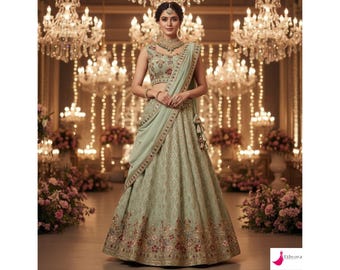Pastel Green Lehenga Choli: Zari Sequins Indian Wedding Wear