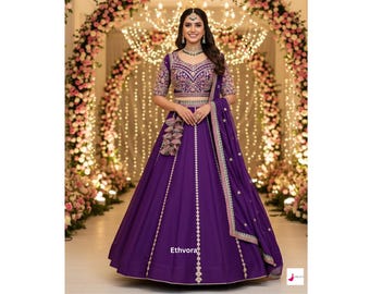 Lehenga Choli viola: georgette, paillettes e ricamo Zari, abito da sposa indiano