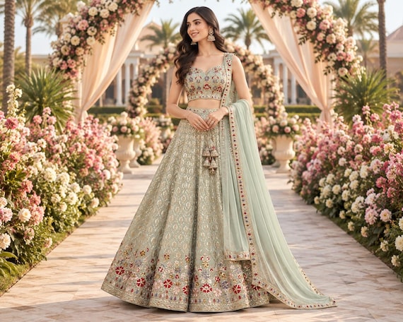Pastel Green Lehenga Choli Indian Wedding Wear Bridesmaids Lehenga Choli Ready To Wear Party Wear Lehengas Reception Function Wear Lehengas