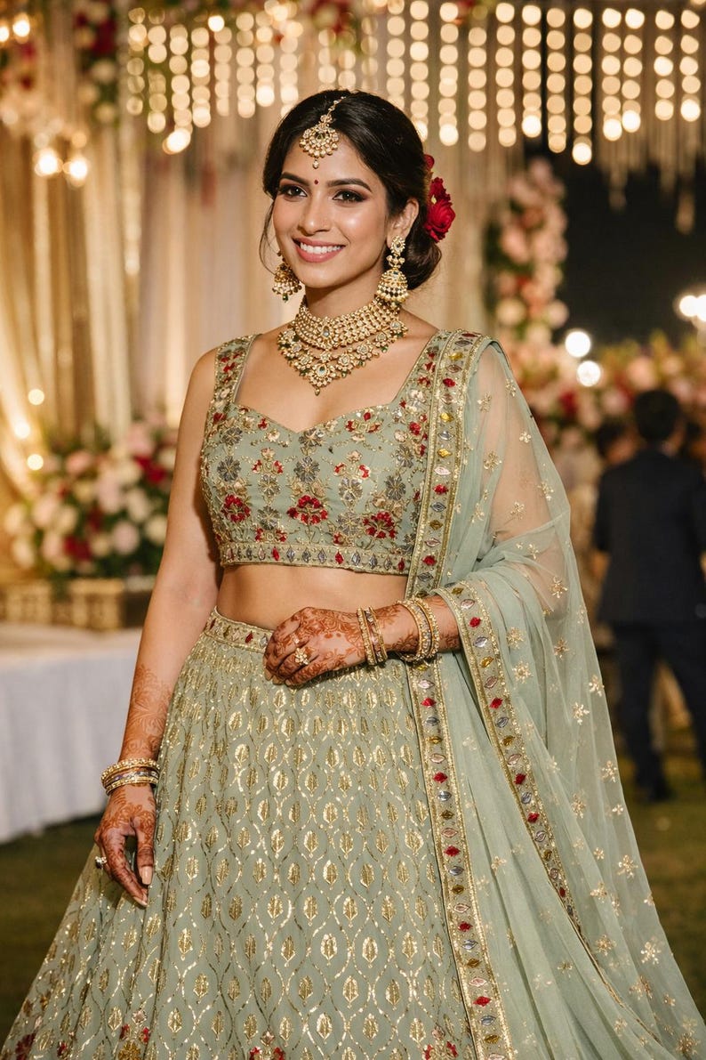 May include: A sage green lehenga set featuring a sleeveless blouse and a floor-length skirt with intricate gold embroidery and floral accents. The ensemble includes a matching sheer dupatta with a decorative border and metallic embellishments.