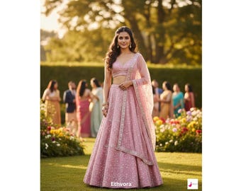 Lehenga Choli en soie rose pastel : broderie de paillettes, tenues de mariage indiennes