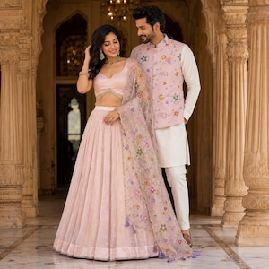 Pastel Pink Lehenga Choli: Sequins & Thread Embroidery, Indian Wedding Wear Bridesmaids lehenga choli Set