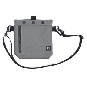 May include: A gray crossbody bag with a black strap and zipper. The bag has a square shape with three black buttons across the top and a small logo on the bottom right. The bag is made of a textured material.