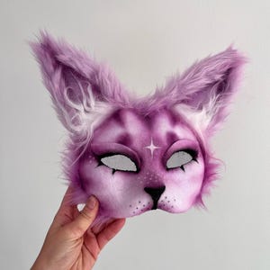 White & Violet Faux Fur Cat Mask: Handmade Therian Cosplay