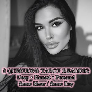 Puede incluir: Retrato en blanco y negro de una mujer con cabello oscuro y maquillaje llamativo. Superposición de texto que dice "3 QUESTIONS TAROT READING Deep • Honest • Personal Same Hour / Same Day".