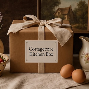 Könnte beinhalten: Eine braune Schachtel, gebunden mit einem beigen Band, beschriftet mit "Cottagecore Kitchen Box". Die Szene umfasst eine Vase mit Lavendel, eine Schale mit Erdbeeren, einen Krug mit floralen Designs und zwei Eier, die eine rustikale Ästhetik hervorrufen.