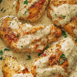 May include: Close-up of cooked chicken breasts in a creamy, herb-infused sauce. The chicken has a golden-brown exterior and is generously coated with a white sauce speckled with green herbs. Fresh parsley is sprinkled on top.