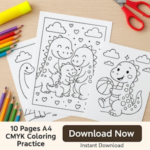 Dinosaur Coloring Pages for Kids - 10 Cute A4 Printable Sheets | Instant Download | Preschool Coloring Activity | Dino Birthday Party Favor