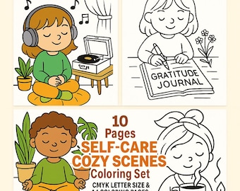 Cozy Self-Care Coloring Pages: 10 Printable Relaxation Scenes (PDF Set)