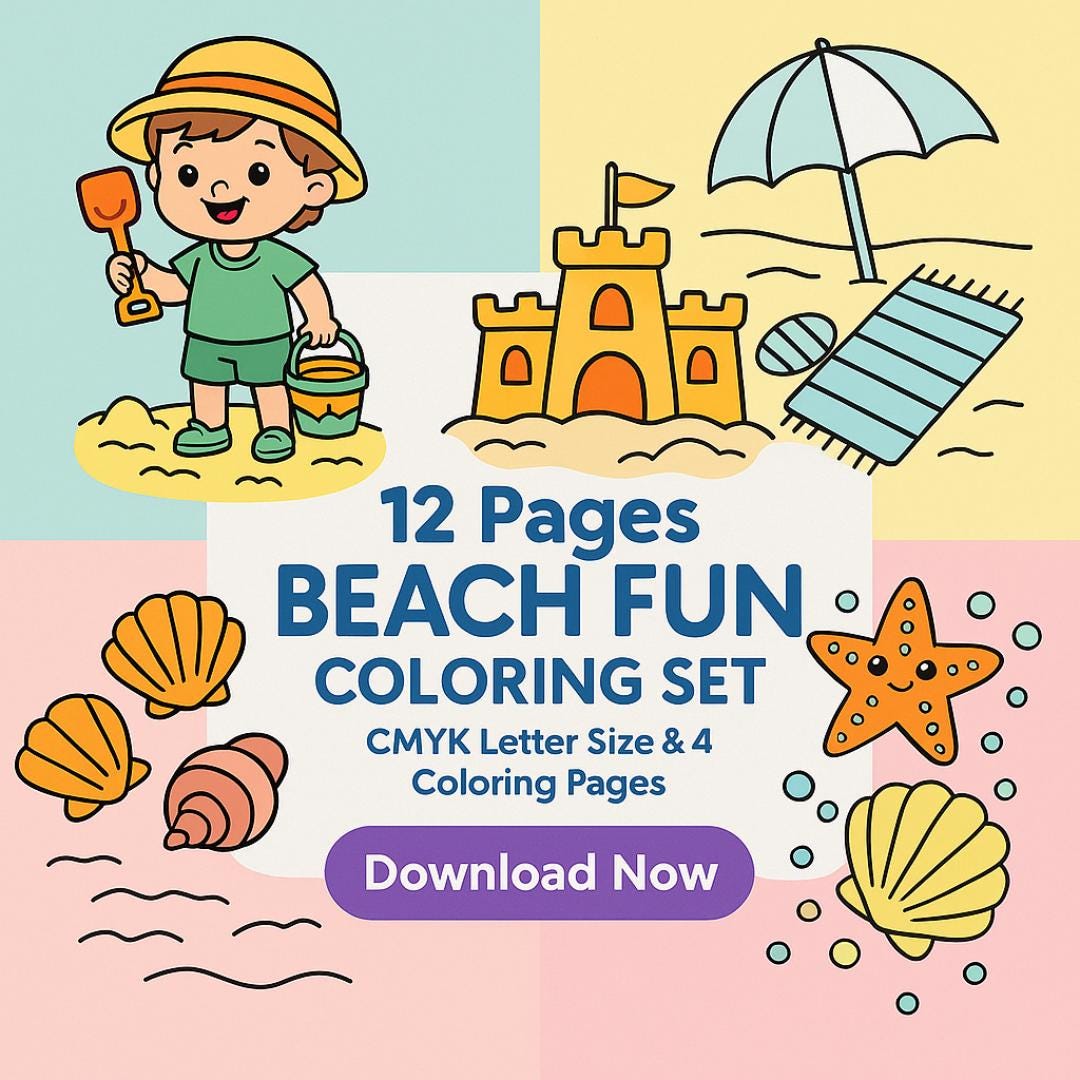 Kawaii Sea Animals Coloring Pages: Summer Beach Fun (PDF Download) - Etsy