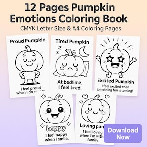 Pumpkin Emotions Coloring Pages for Kids – 12 Printable Emotional Faces | A4 & Letter Size PDF Book for Preschool Kindergarten