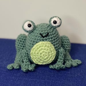 Op de afbeelding: Een handgemaakte gehaakte kikker in groen- en lichtgroentinten. De kikker heeft grote, witgerande ogen met zwarte pupillen, een lichtgroene buik en gedetailleerde poten. De kikker zit op een blauw oppervlak.