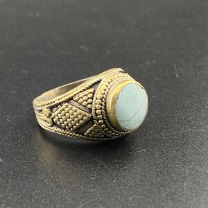 Handmade Afghan Brass Ring: Turquoise Stone, Ethnic Design