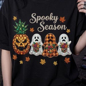 Spooky Season Rhinestone Ghost Shirt, Halloween Pineapple Tee, Summerween  Fall Floral Ghosts Comfort Colors 1717