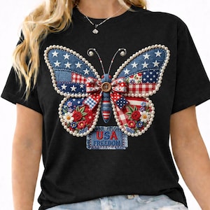 Patriotic Butterfly PNG, Usa Freedom Design, 4th of July PNG, Floral Patchwork Embroidery Style, Sublimation Shirt Design 5000x5000 300 DPI