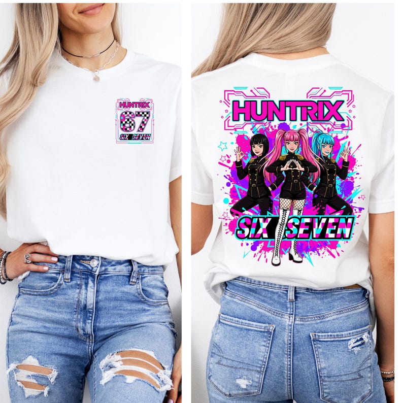 c Huntrix 67 png design with checkered pink and cyan colors,saja boys fan gifts, huntrix birthday png, saja girls 67 png, huntrix designs png, kpop demon hunters, demon hunters png, huntrix png,huntrix 67 png,huntrix best sellers, Huntrix Kpop Shirt, funny viral quote, tik tok meme, 6 7 couples costumes, Demon Hunters Gift, k pop demon hunters.
Front and back designs shown on a hoodie and four T-shirts, featuring bold HUNTRIX text, retro circuit-board details, glitch-style SIX SEVEN typography,