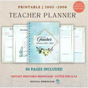 May include: A teacher planner with a blue marble design and gold accents. The cover reads "Teacher Planner 2025-2026" with floral embellishments. The planner includes 60 pages and is available as an instant printable download.