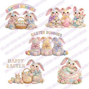 May include: A selection of Easter-themed illustrations showcasing soft toy bunnies in pastel shades. Some bunnies are holding baskets of eggs, while others are in decorative settings. The text "EASTER BUNNIES" and "HAPPY EASTER" are also present.