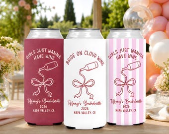 Winery Bachelorette Party Can Cooler, Vino Before Vows Drink Sleeves, Custom Bride on Cloud Wine Bach Favors, Wine Club Bridal Party WD578