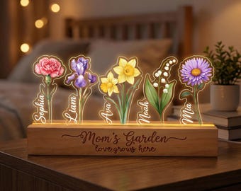 Grandma's Garden Night Light, Personalized Birth Month Flower LED Light With Kid Names, Birthday, Mother Day Gift For Mom Grandma Wife F940