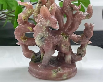 3.5" Hand-Carved Natural Peony tourmaline crystal Nine-tailed Fox, Home decoration,Holiday gifts，Reiki healing